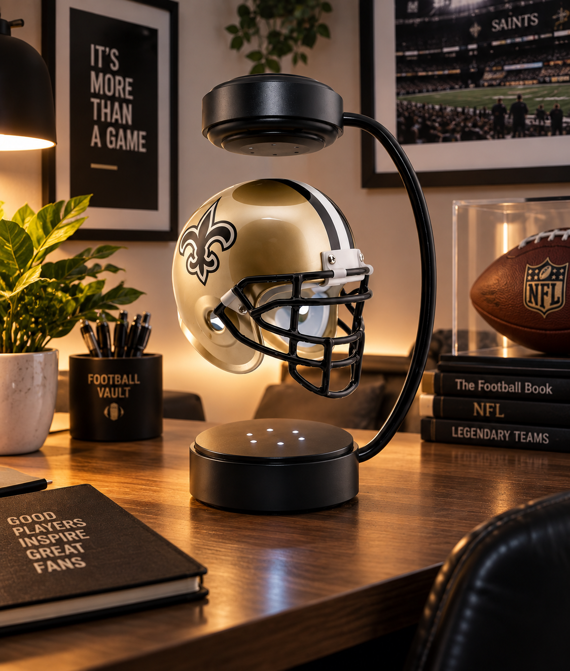 Team Vault levitating mini football helmet display